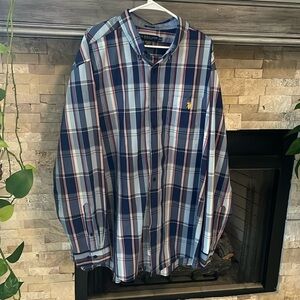 Men’s dress shirt with blues, grays/red plaid pattern
